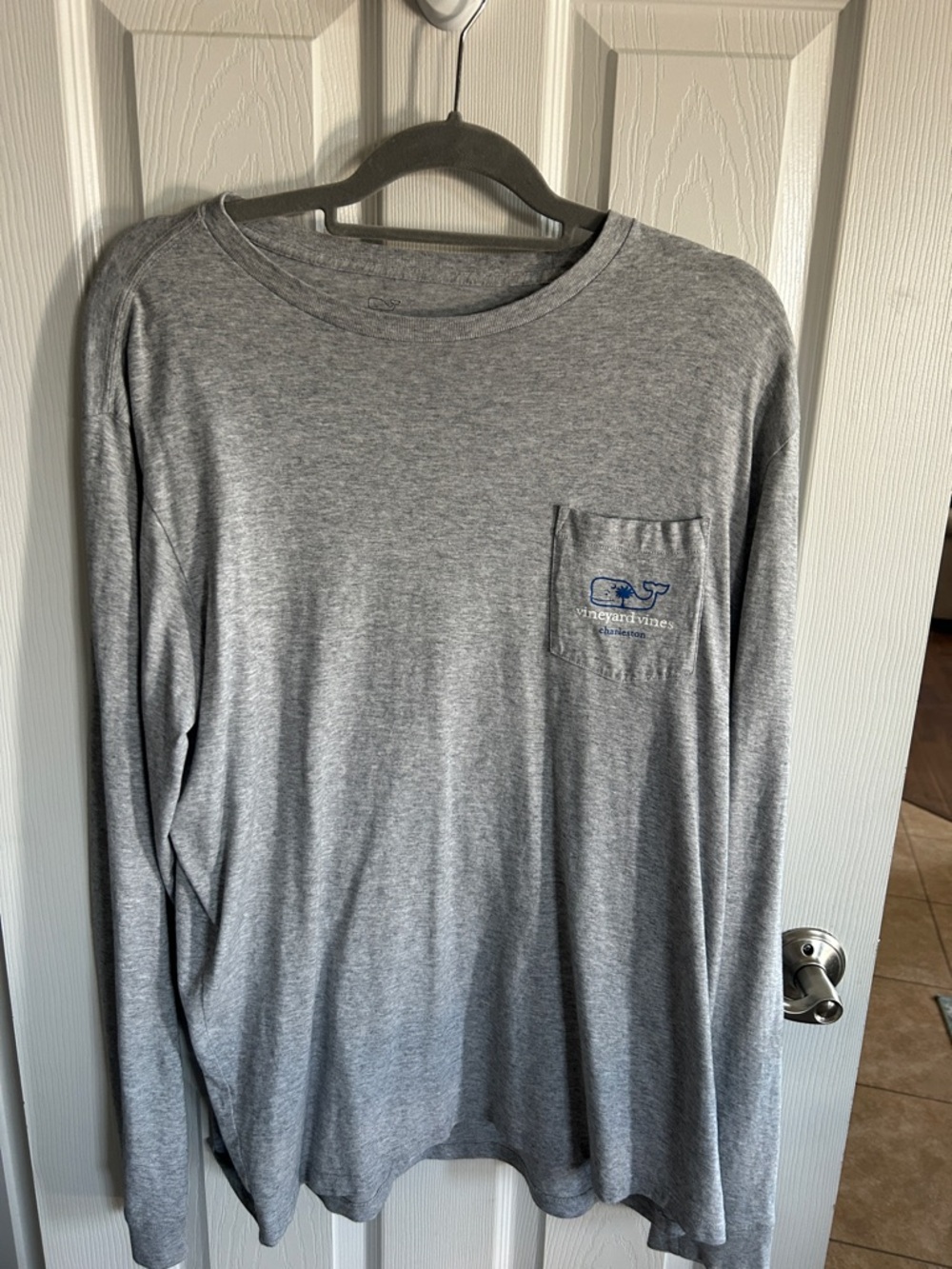 Vineyard Vines Heather Gray Long-Sleeve Pocket Tee with Charleston Logo